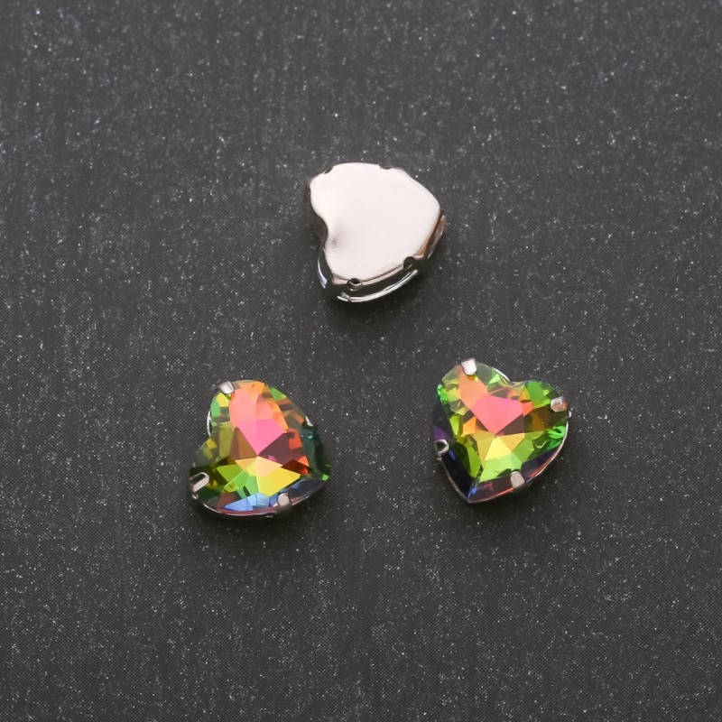 Price per pack / 10 pcs. Sew-on Heart Crystal 12mm Pink-Green