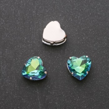 Price per unit / 10 pcs. Sew-on Crystal in Heart-shaped Prong Setting 12mm Green-Blue
