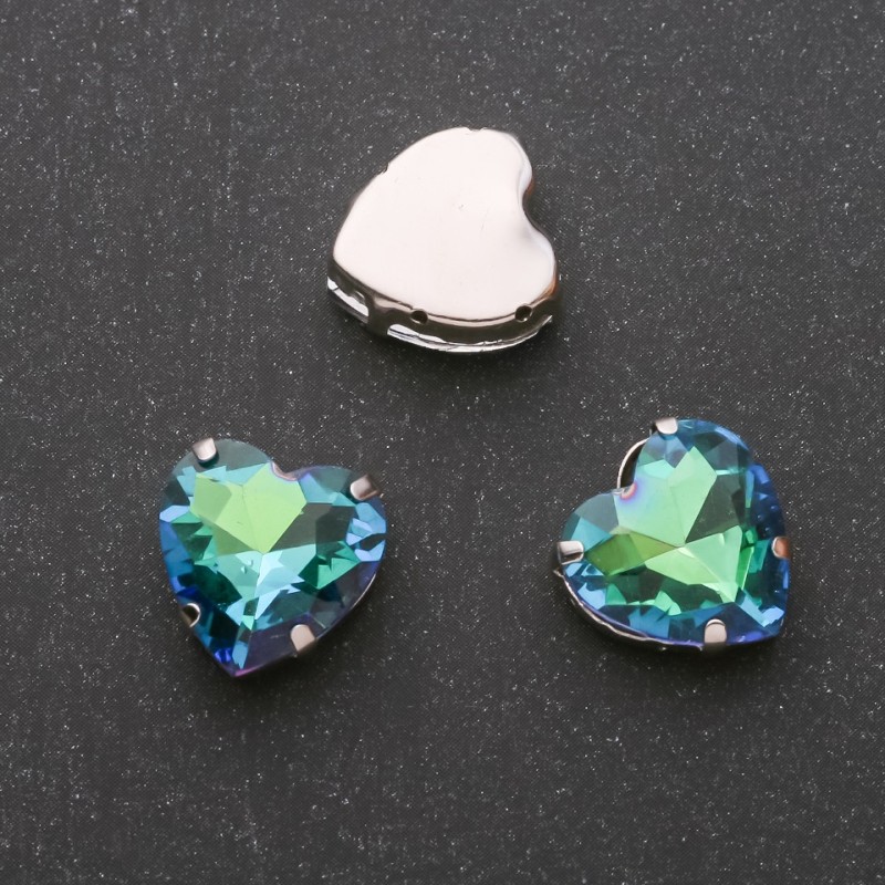 Price per pack / 10 pcs. Sew-on crystal in cap Heart-shaped 14mm green-blue