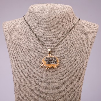 Pendant "Hedgehog" with black crystals on a long chain; metal "black gold", diameter 30×39 mm, length 70 cm