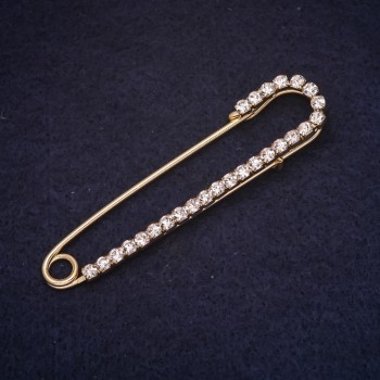 Brooch pin 71x16 mm, rhinestones, white color, gold-tone metal