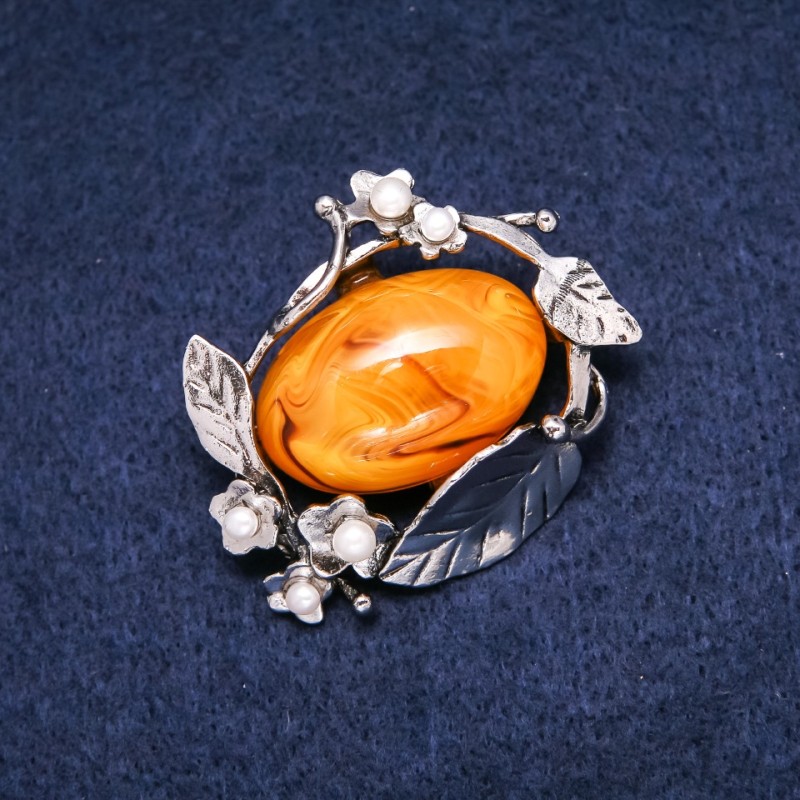 Amber brooch (synthetic) 47x38 mm, yellow color, silver-toned metal