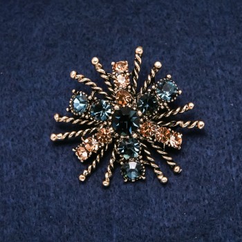 Brooch 'Order of Beauty' 45×40 mm crystals, yellow and blue, gold-tone metal