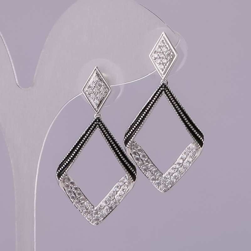 Rhombi Stud Earrings with Crystals in Silver-Tone Metal 20x39mm