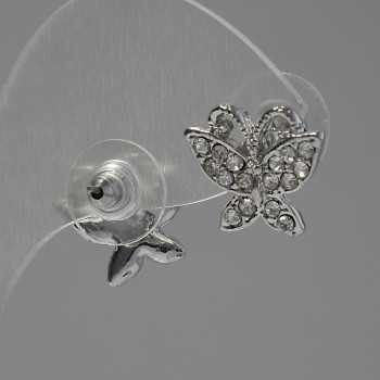 Butterfly stud earrings 'Butterflies', white crystals, silver-tone metal, 1.5 cm