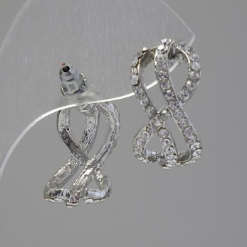 Infinity stud earrings, white crystals, silver-plated metal, 2 cm