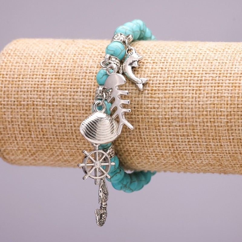 Bracelet with Turquoise and Sea Pendants, 8 mm Diameter, 18 cm Length
