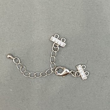 Замок для браслетів і бус на 2 нитки зі стразами і подовжувальним ланцюжком сріблястий метал, діаметр 9х12мм, довжина 5см