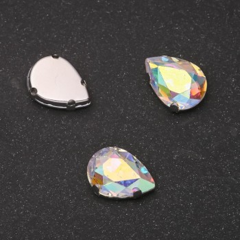 Price per pack / 10 pcs. Teardrop sew-on crystal with cap 10x14mm iridescent