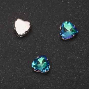 Price per pack / 10 pcs. Sew-on Crystal in a Heart Shape, 8mm Green-Blue