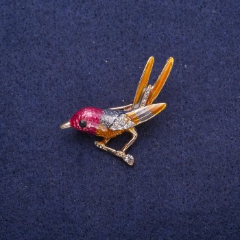 Brooch 'Bird on a Branch' with Enamel and Crystals, Gold-Tone Metal 34x33mm