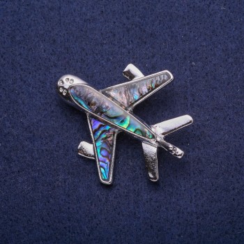 Airplane Brooch with Chalcedony, Silver Metal 38×44 mm