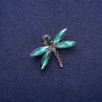 Dragonfly Brooch with Green Crystals, Silvery Metal 26×32 mm
