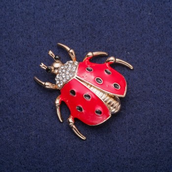 Enamel Ladybug Brooch with Crystals, Gold-Tone Metal, 38×36 mm