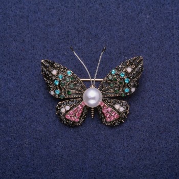 Brooch 'Butterfly with Pearl' in Multicolored Rhinestones, Golden Metal 30x41mm