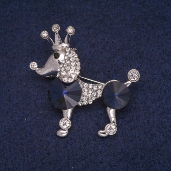 Poodle Dog Brooch with Crystals, Silver-Tone Metal 39x40 mm