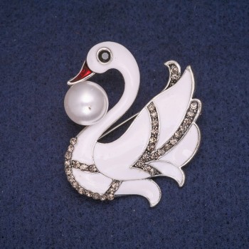 Swan Brooch with Enamel, Bead, and Crystals, Silver-Tone Metal 44x46mm