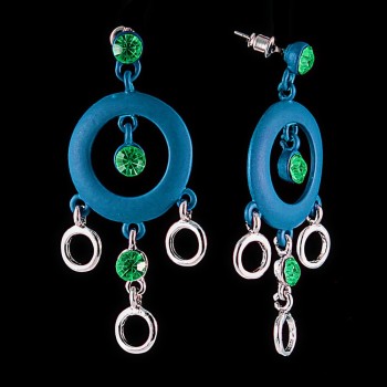 Stud earrings with green rhinestones and large blue hoops — silver-plated finish, 55 x 25 mm