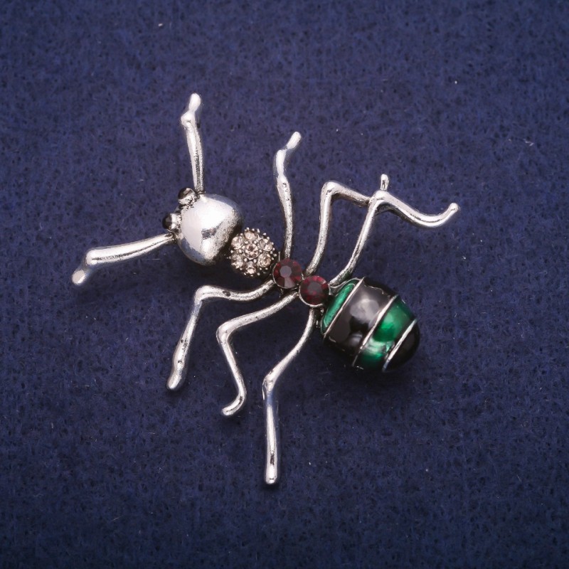 Ant Brooch with Enamel and Crystals, Silver-Tone Metal 44x45mm