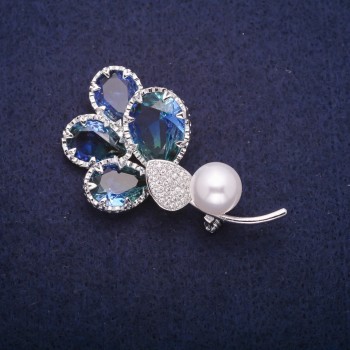 Twig Brooch with a Bead and Green-Blue Crystals in Swarovski Style, Silver-Tone Metal 32×55 mm