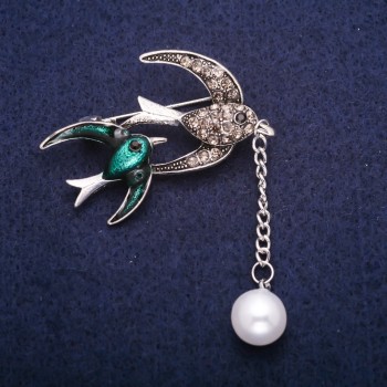 Birds Enamel Brooch with Bead and Crystals, Gray Metal, 32×41 mm