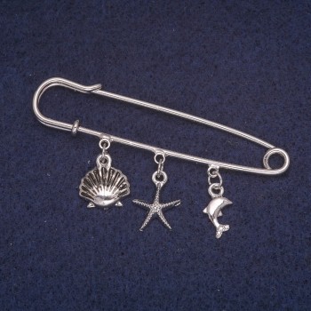 Brooch pin with sea pendants, silver-tone metal 13x60mm