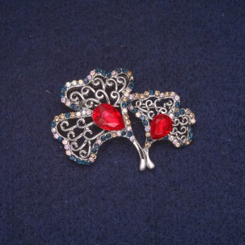 Brooch Leaves with Crystals, Silver Metal 33×41 mm