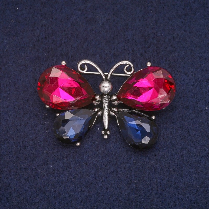 Butterfly Brooch with Raspberry and Blue Crystals, Silver-Toned Metal 26x40 mm