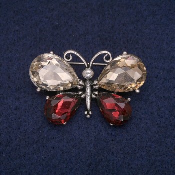 Brooch 'Butterfly' with Champagne and Burgundy Crystals, gray metal 26×41 mm