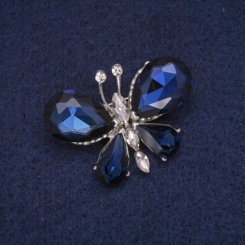 Butterfly Brooch with White and Blue Crystals, Silver-tone Metal 28x38mm