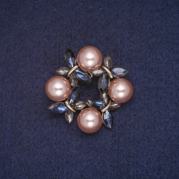 Brooch 'Wreath' with beads, blue and gray crystals, gold-tone metal 34x35 mm