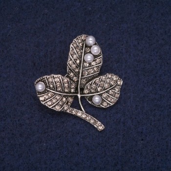 Brooch 'Leaves on a Branch' with beads and white rhinestones, gray metal 29×32mm