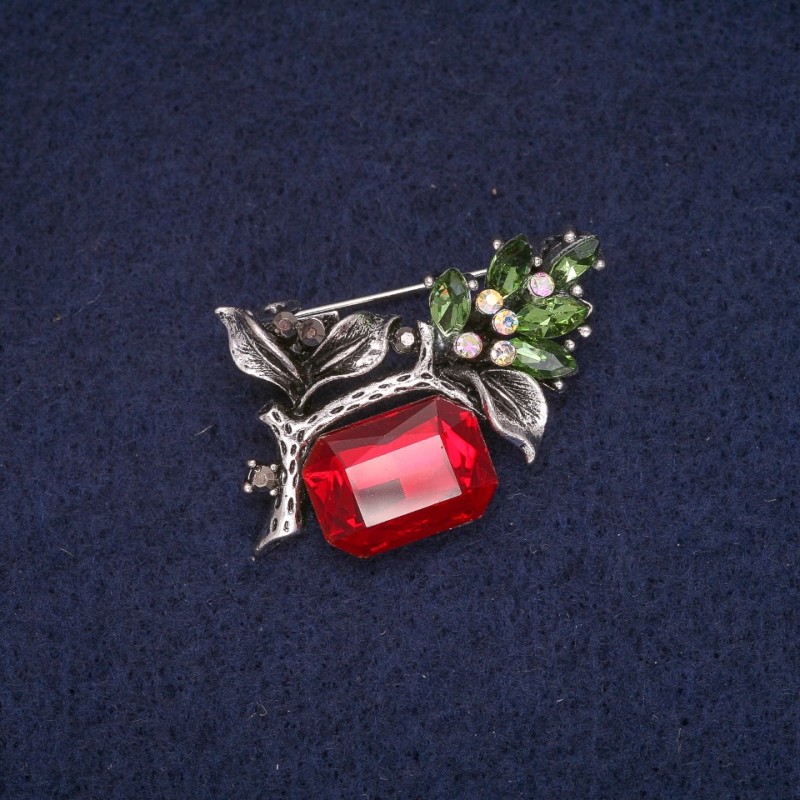 Brooch Twig with Red and Green Crystals and Rhinestones, Gray Metal 25×34 mm