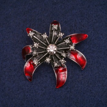 Flower Brooch with Red Enamel and Crystals, Gray Metal 37×41 mm