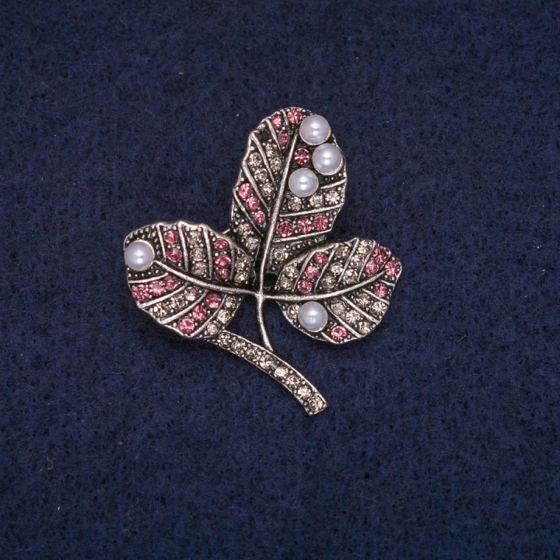 Brooch 'Leaves on a Branch' with beads, white and pink rhinestones, gray metal 29×32 mm