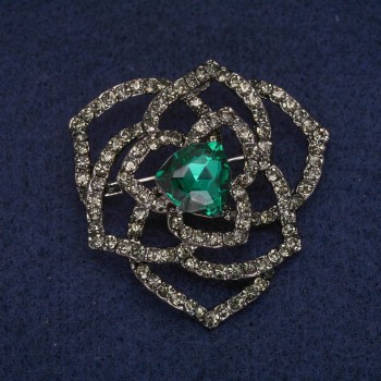 Brooch 'Flower with a Green Crystal and Rhinestones', Gray Metal 42x43mm