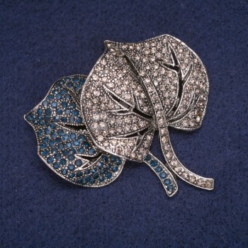 Leaf Brooch with Blue and Gray Rhinestones, Silver-Colored Metal, 54x54mm