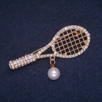 Brooch 'Racquet' with a Bead Pendant and White Crystals, Golden Metal 21x55 mm