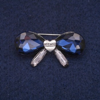 Bow Brooch with Blue Crystals, Silvery Metal 20x40 mm