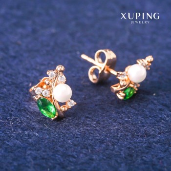 Xuping stud earrings with green crystals and Majorca pearl, diameter 8×13 mm, 18K gold plated