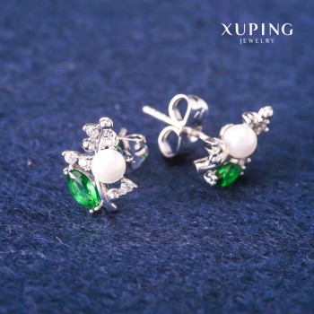 Xuping Stud Earrings with Green Crystals and Majorca Pearls, 8×13 mm Rhodium-plated