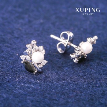 Xuping stud earrings with black crystals and Majorca pearls, diameter 8x13 mm, Rhodium