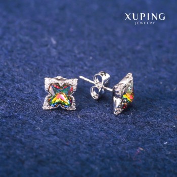 Xuping Stud Earrings with Swarovski Crystals in Rainbow Color, 9x13 mm Diameter, Rhodium