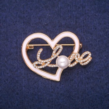 Heart-Shaped Brooch with White Enamel, Crystals and Bead, Gold-Tone Metal 30x41 mm