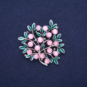 Brooch Twig with Pink Cat's Eye, green enamel, silver-toned metal 51×53 mm