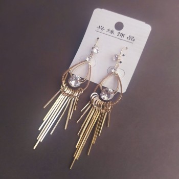 White Crystal Drop Earrings in Golden Metal, 9 cm