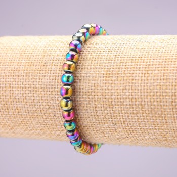 Hematite Bracelet with Benzine Plating on Elastic Cord, Smooth Bead, 6 mm Diameter, 18 cm Length