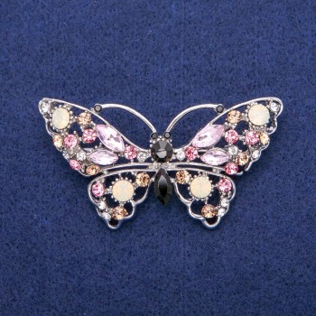 Crystal Butterfly Brooch with Crystals, 35×68 mm, Silvery Metal