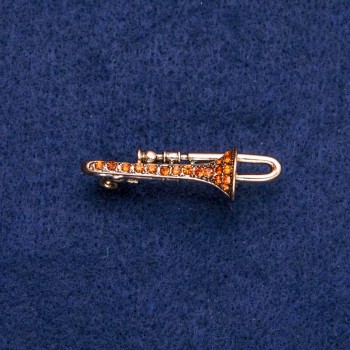 Brooch: Trumpet with Yellow Crystals 15×41mm, Gold-Toned Metal