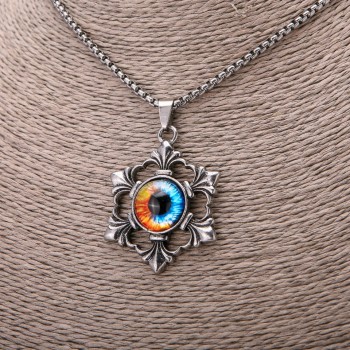 Colorful Dragon Eye Pendant 35×53 mm on a chain, 65 cm length, silver-tone metal